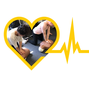 Two people practicing CPR on mannequins inside a heart-shaped frame with a heartbeat line.