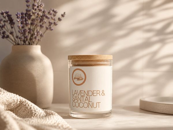 A lavender and santal coconut scented candle with a wooden lid.