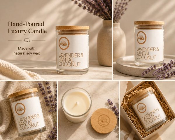 Hand-poured lavender and santal coconut luxury candle made with natural soy wax.