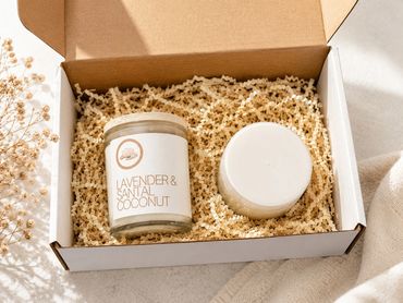 Gift box with lavender and santal coconut scented candles.