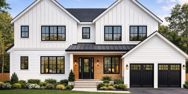 Modern white two-story house with black windows and garage doors.