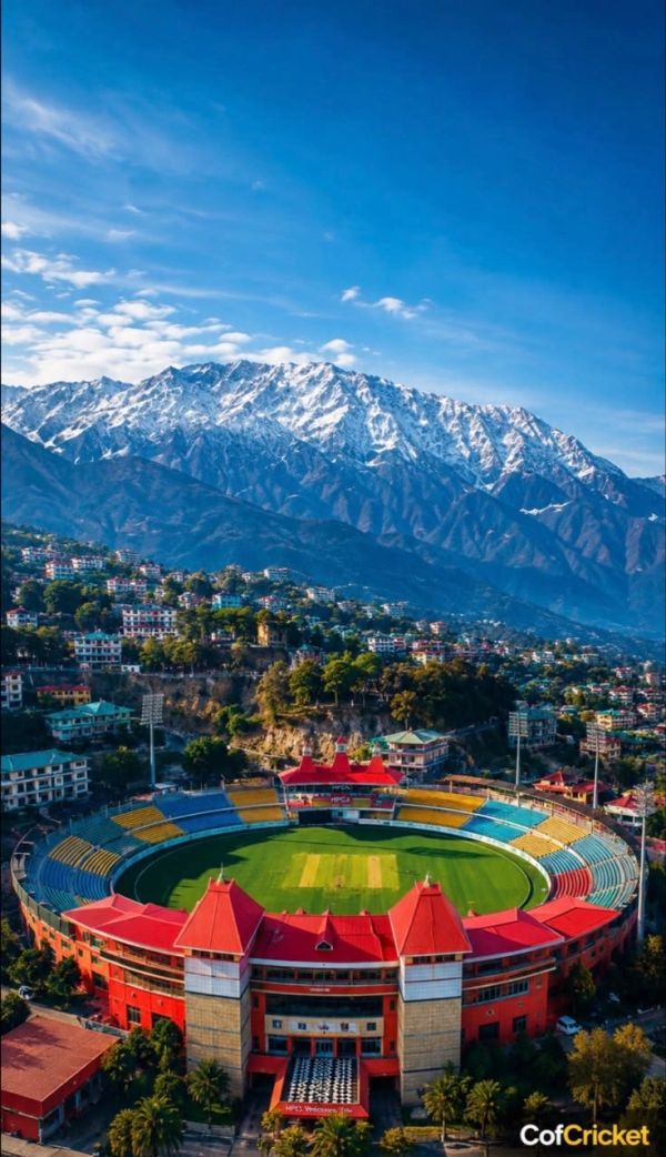 Scenic cricket stadium with snow-capped mountains.