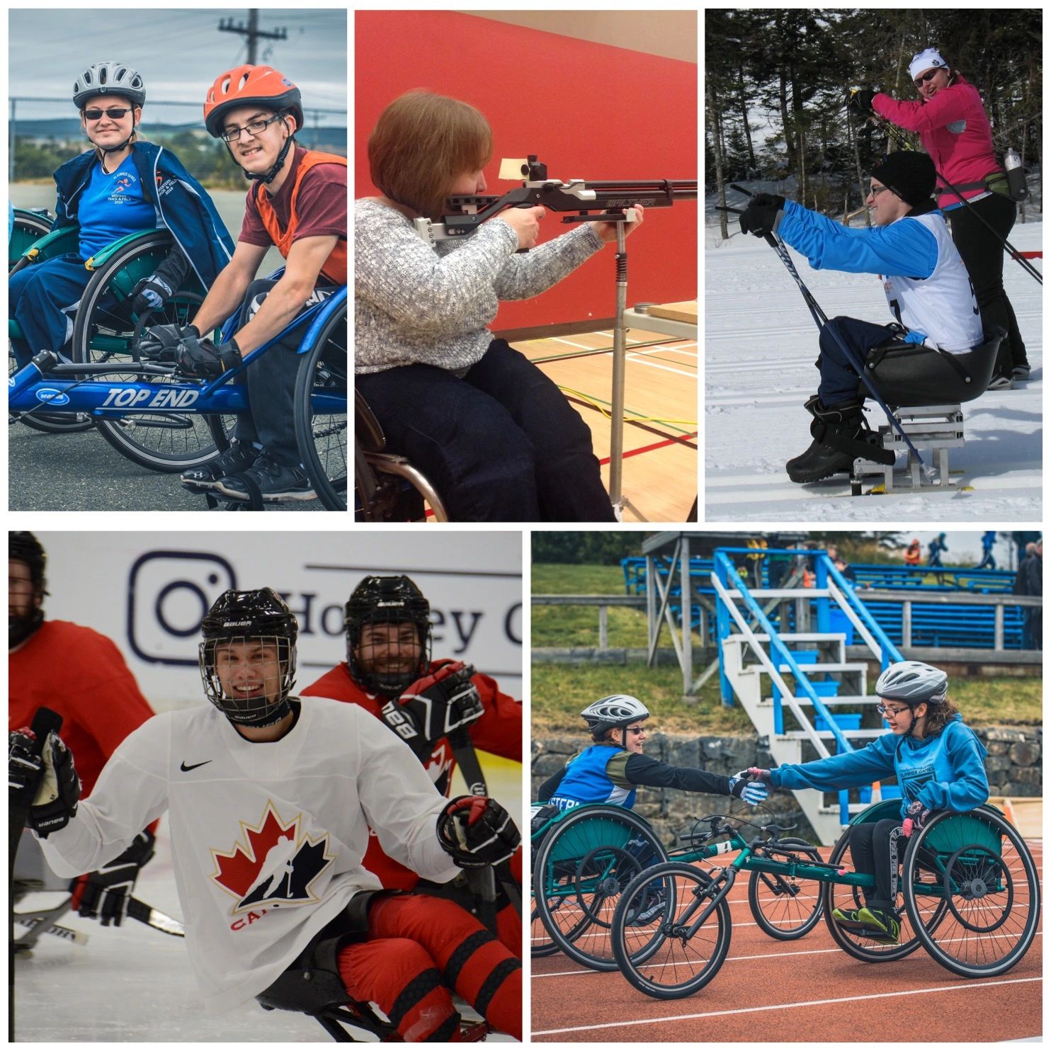 Athletes participating in para sports including: wheelchair racing, shooting, skiing and hockey.