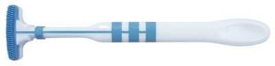 A blue and white tongue scraper with a handle and ridged cleaning surface.
