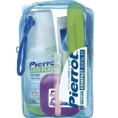 Compact dental kit with anti-plaque spray and dental floss in a clear pouch.