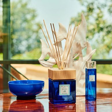 acqua dell elba Home Fragrances on a table with beautiful fish sculpture in the background