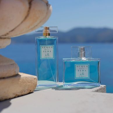 acqua dell elba Perfume and cologne for men and woman next to a pot with beautiful ocean in the backd