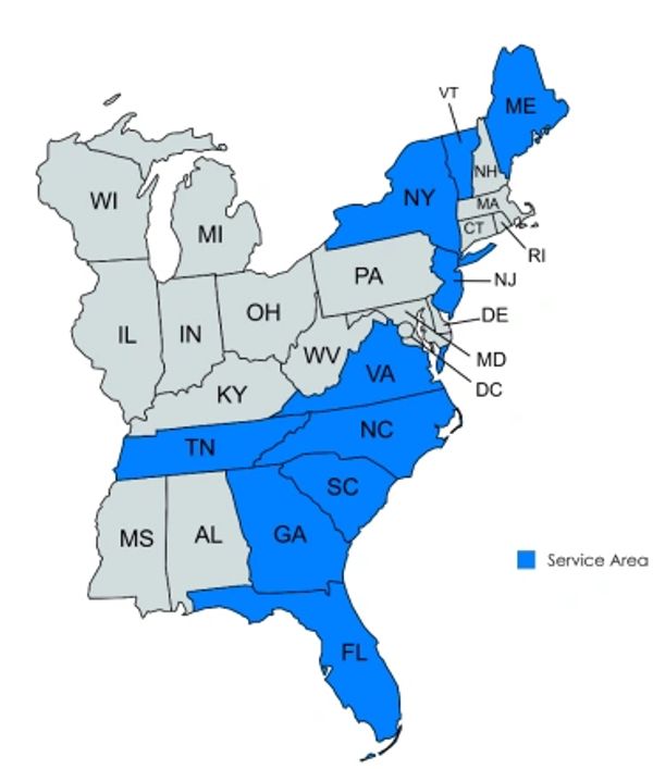 Map of U.S. states with specific service area states in blue.