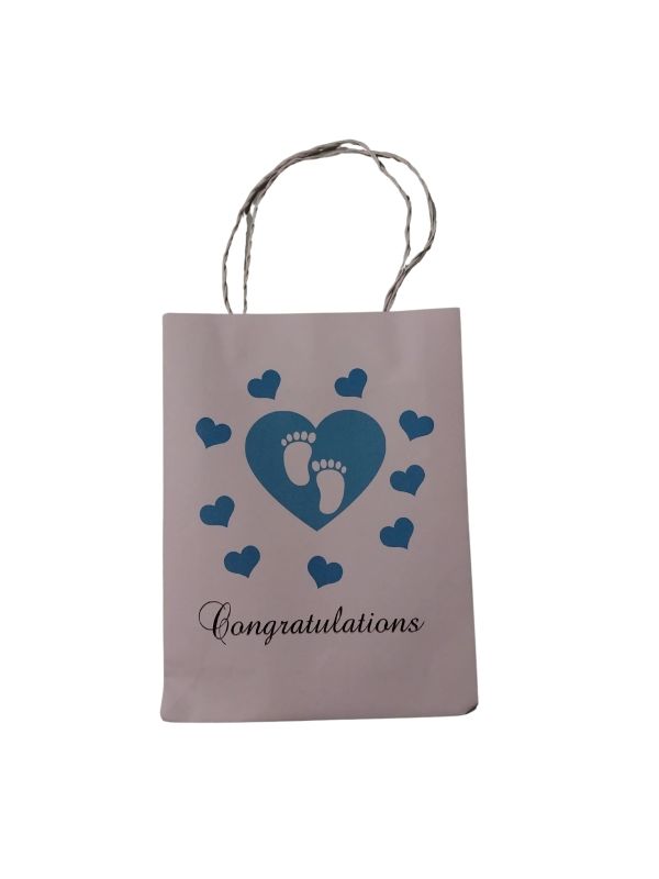 Gift bag with baby feet and hearts design.