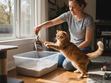 Woman scooping cat litter while ginger cat plays with scoop handle.