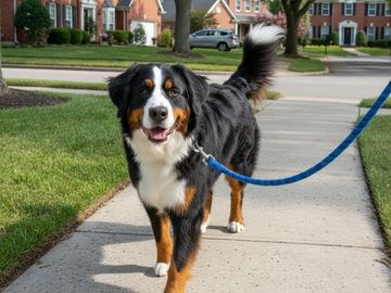 A happy Bernese Mountain Dog walking on a sidewalk with a blue leash.