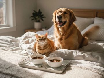 A golden retriever and an orange tabby cat sitting on a bed with food bowls.