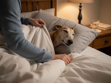 A dog comfortably tucked in bed, ready to sleep.