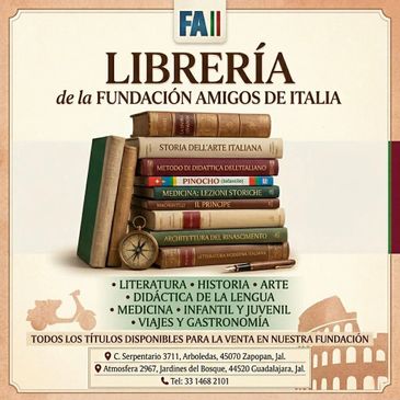Books stacked promoting Italian culture and literature by Fundación Amigos de Italia.