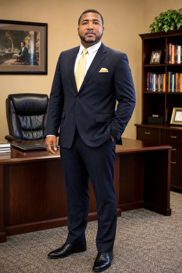 Confident man in a navy suit standing in an office.