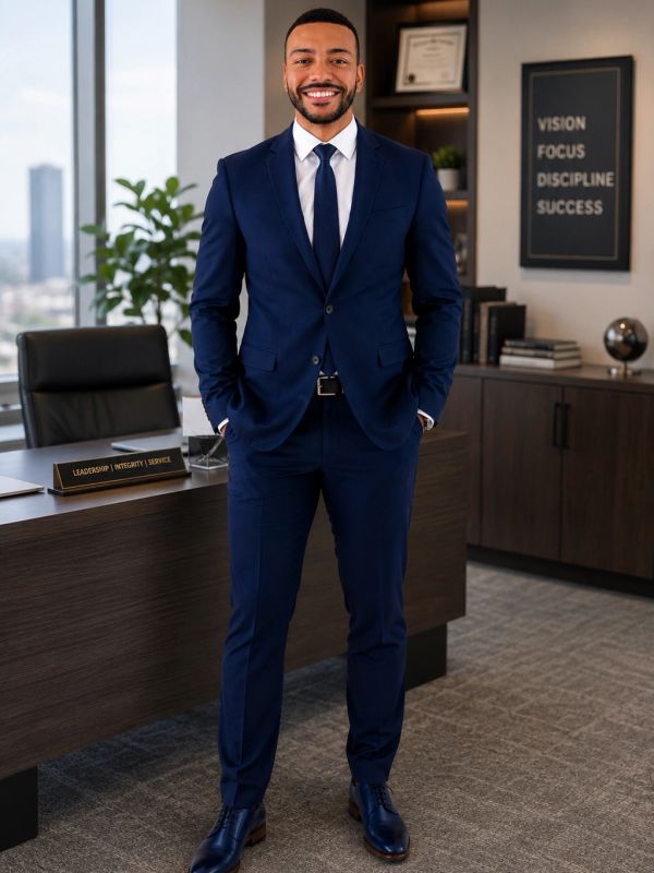 Confident businessman in blue suit standing in office.