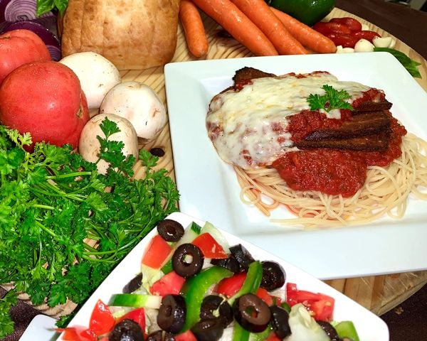 EGGPLANT PARM WITH SPAGHETTI AND HOUSE SALAD