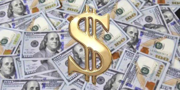 A golden dollar sign over a pile of hundred-dollar bills.