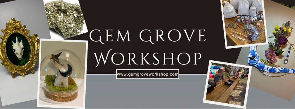Banner for Gem Grove Workshop with various craft images.