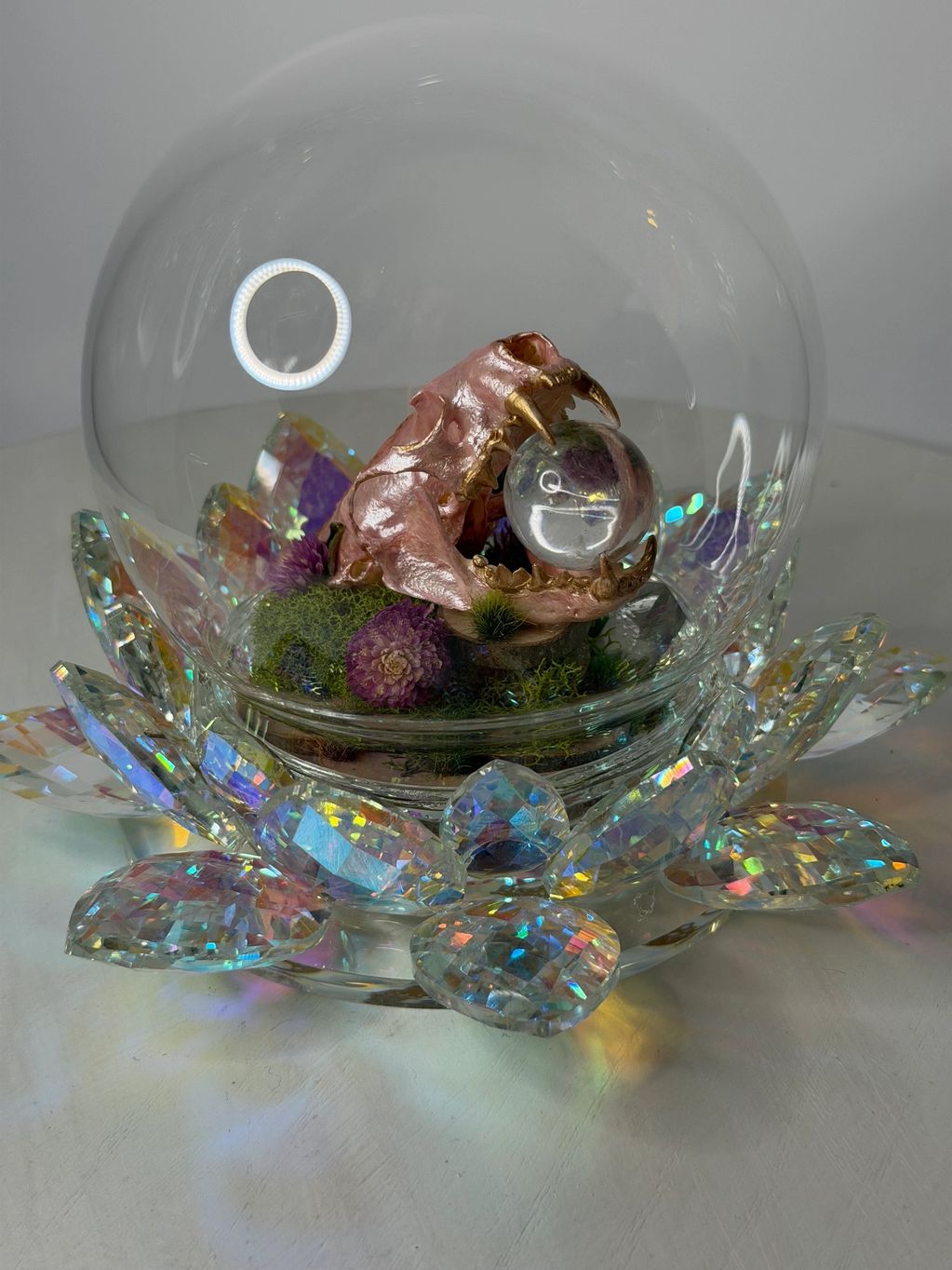 Glass orb with a pink animal skull and crystal ball on a lotus base.