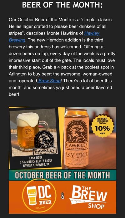DCBeer's October Beer of the Month: Easy Tiger by Hawkley Brewing, available at Brew Shop Arlington.