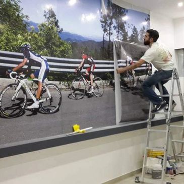 A man installs a large cycling mural on a wall indoors.