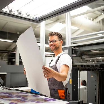 A man inspecting a printout in a modern printing facility.