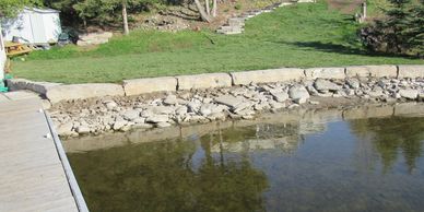 Stone retaining wall beside shoreline to prevent erosion