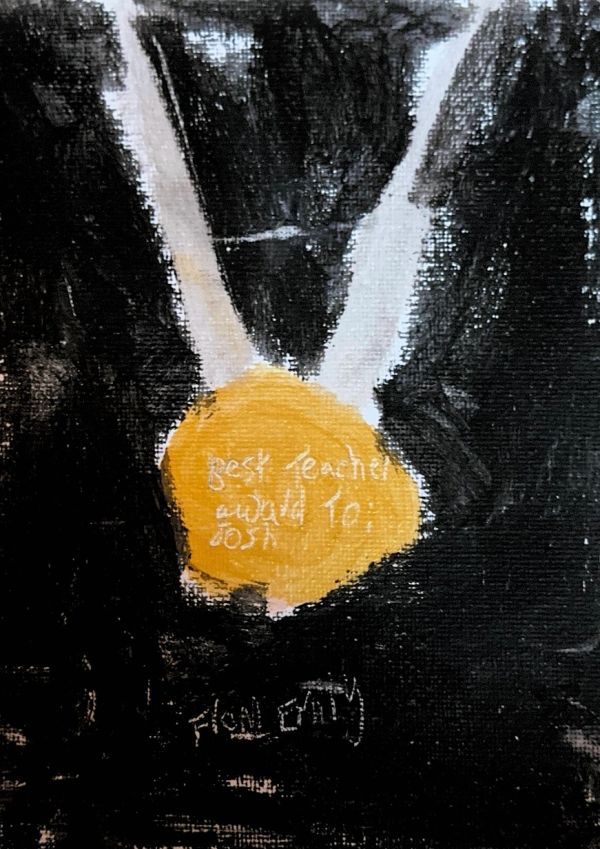 Painting of a gold medal with inscription for best teacher.
