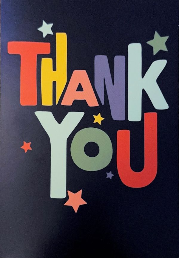 Colorful "Thank You" text with stars on black background.