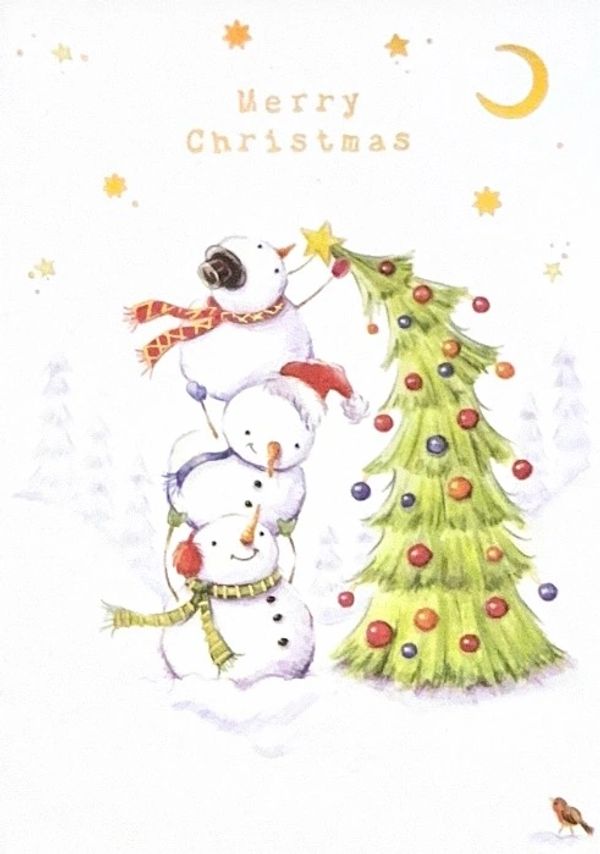 Three snowmen decorating a Christmas tree.