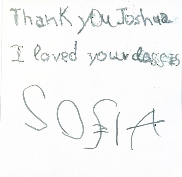 Handwritten thank you note from Sofia.