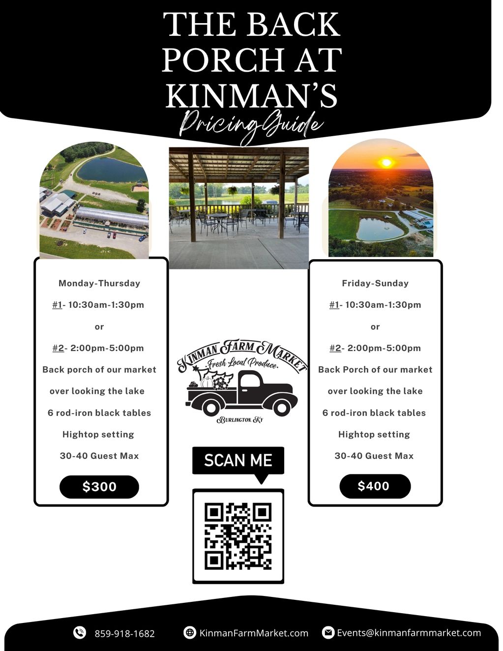 Pricing guide for Kinman's back porch rental with weekday and weekend rates.