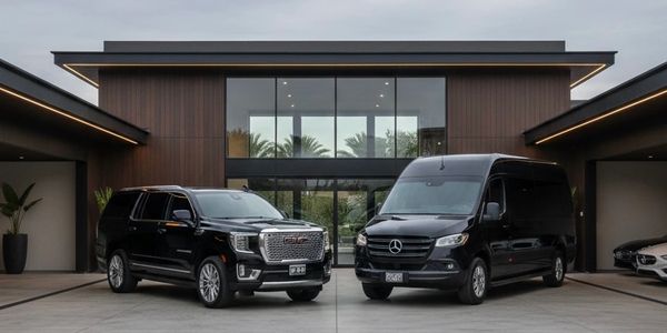 Black GMC Yukon Denali and Mercedes Sprinter van at modern luxury estate driveway
