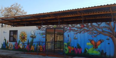 Colorful mural on building wall with nature and butterfly themes.