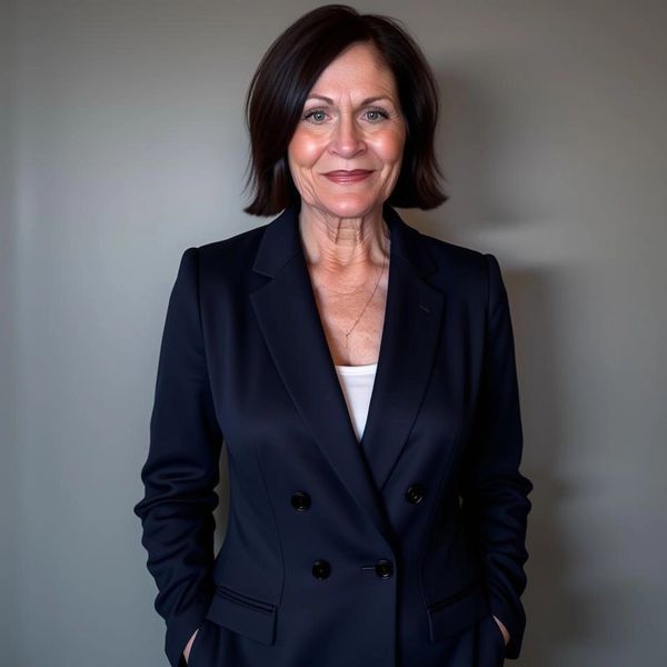 Confident middle-aged woman in a navy blazer smiling at the camera.
