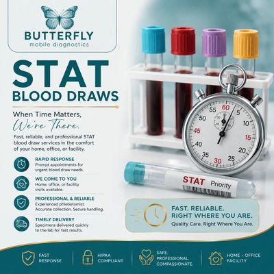 Advertisement for Butterfly mobile STAT blood draws with fast, reliable service.