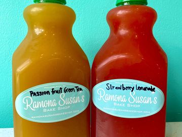 64 oz bottle filled with homemade lemonades and juices.