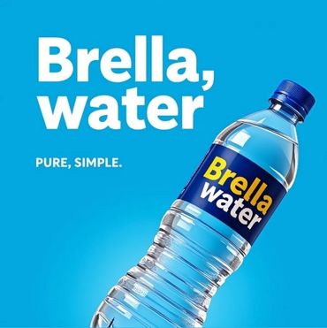 A clear water bottle labeled 'Brella water' with the slogan 'Pure, Simple.' on a blue background.