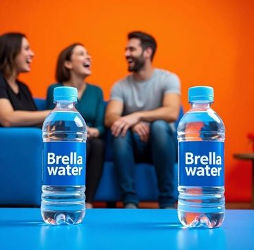 Two bottles of Brella water in front of laughing friends on a blue couch.