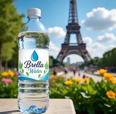 Bottle of Brella Water with Eiffel Tower in background.