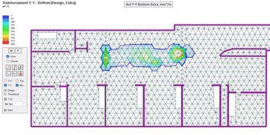 Heatmap of reinforcement distribution in a structural slab design plan.