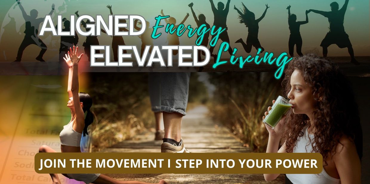 People moving outdoors. Text Aligned Energy Elevated Living promoting wellness & healthy lifestyle.