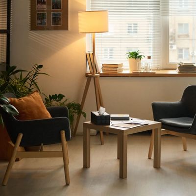 Calm, private therapy office with comfortable seating and natural light.