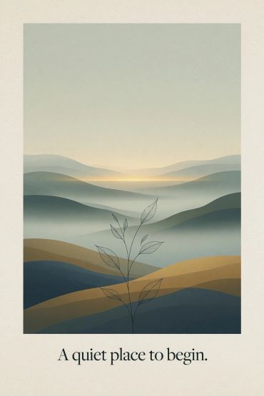Serene landscape with gentle hills and a plant silhouette.