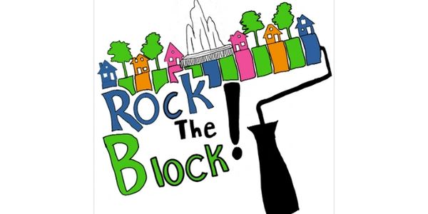 Vibrant Rock The Block graphic featuring a paint roller, houses, trees, and a fountain.