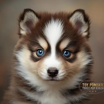 Close-up of a Toy Pomsky puppy with striking blue eyes.