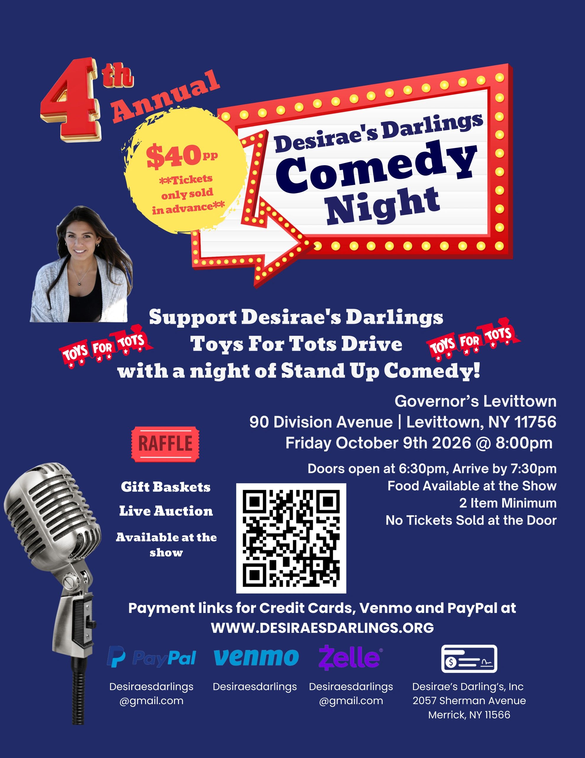 4th Annual Desirae's Darlings Comedy Night supporting Toys for Tots on October 9, 2026, in Levittown, NY.