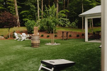 Play lawn games, Jenga and cornhole, out in the courtyard at the chapel venue.