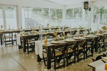 Farm table layout for a boho wedding reception at Firefly Lane Chapel, Nashville wedding venue.
